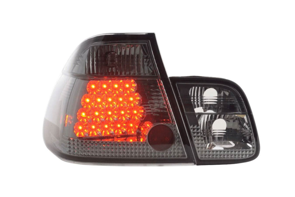 BMW E46 Sedan smoked Altezza style LED taillights for pre-facelift models, featuring sleek, smoked lens design from K2 Industries.