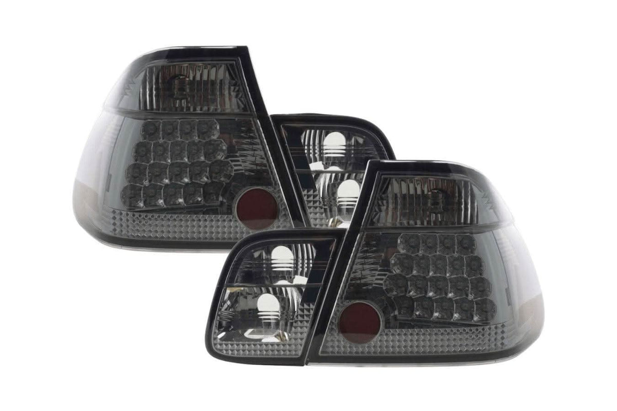 BMW E46 Sedan smoked Altezza style LED taillights for pre-facelift models, featuring sleek smoked lens and modern LED design.