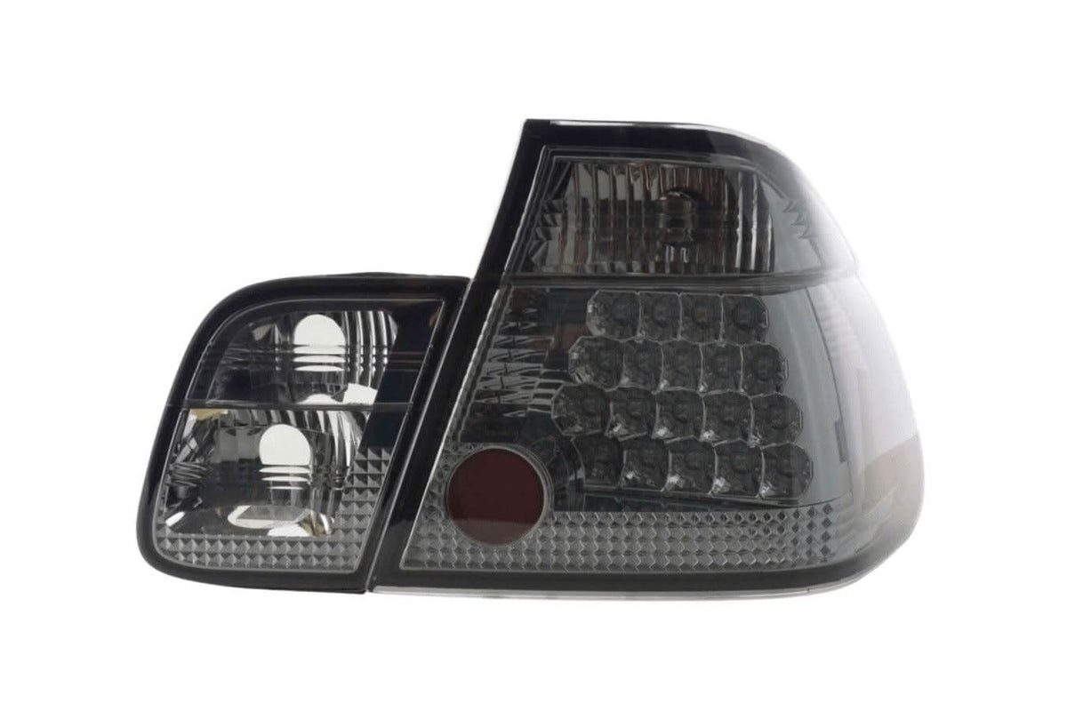 BMW E46 Sedan smoked Altezza style LED tail lights for pre-facelift models, featuring sleek smoked lenses and modern LED design.