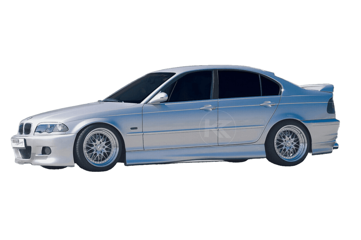 BMW E46 Sedan, Compact, or Touring side skirts by K2 Industries, Rieger "Twisty" design, shown on the vehicle.
