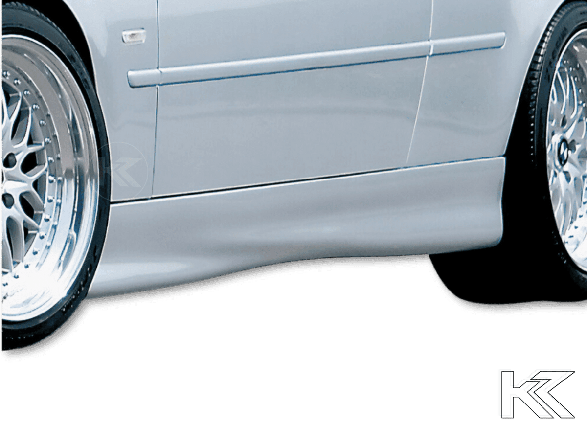 BMW E46 sedan, compact, or touring Rieger "Twisty" side skirts by K2 Industries, showing sleek design and fitment details.