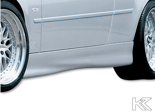 BMW E46 sedan, compact, or touring Rieger "Twisty" side skirts by K2 Industries, showing sleek design and fitment details.