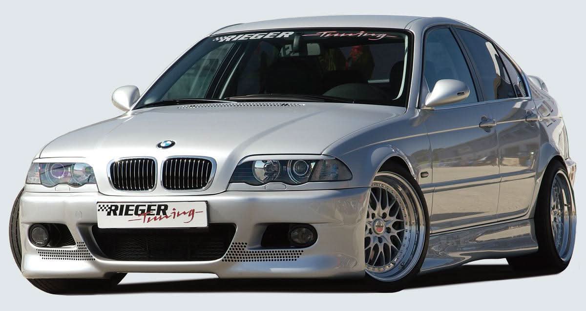 BMW E46 Sedan, Compact, Touring side skirts by Rieger, featuring twisty design, installed on K2 Industries vehicle.