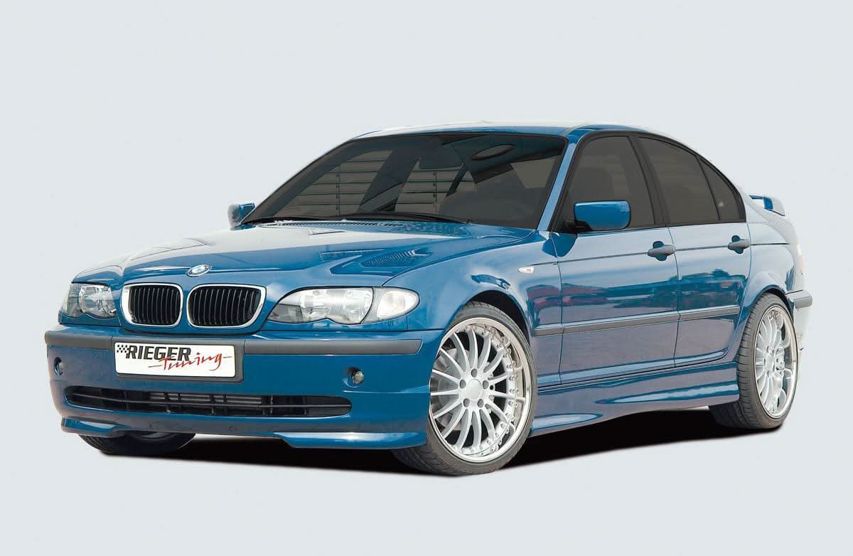 BMW E46 Sedan, Compact, Touring Rieger "Twisty" Side Skirts by K2 Industries installed on side of vehicle.