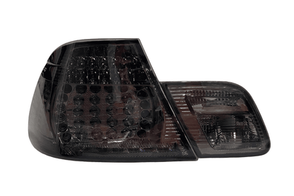 BMW E46 Coupe clear smoked LED tail lights by K2 Industries, showing the sleek, smoked lens design for pre-facelift models.