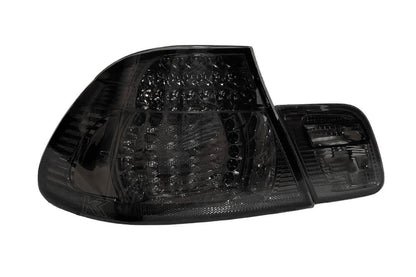 BMW E46 Coupe clear smoked LED tail lights by K2 Industries, showing the sleek, tinted design for pre-facelift models 1999-2005.