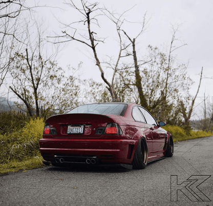 BMW E46 Coupe clear smoked LED tail lights by K2 Industries, showing the sleek, smoked lens design and LED light details.