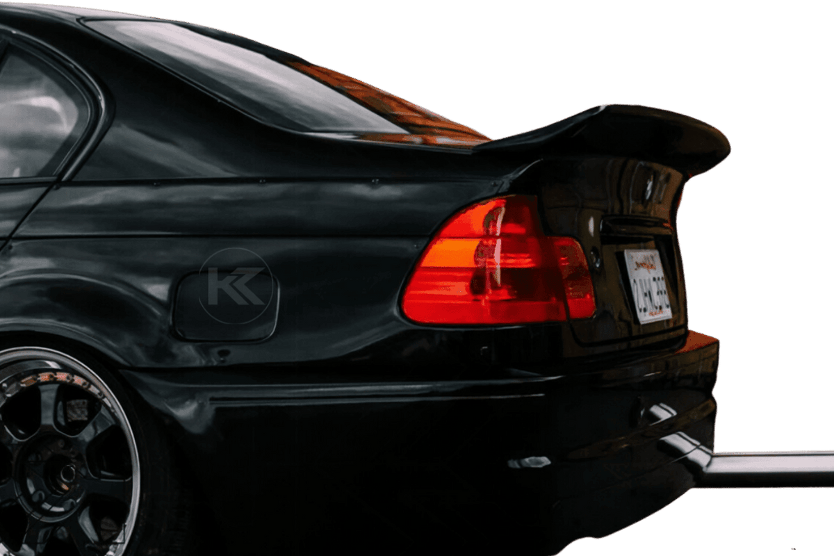 BMW E46 Series 3 drag wing style trunk spoiler by K2 Industries, rear view showing aerodynamic design for 1995-2005 models.