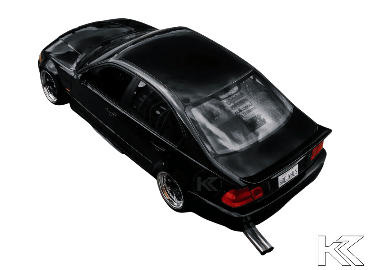 BMW E46 Series 3 drag wing-style trunk spoiler by K2 Industries, shown installed on the car's rear trunk.