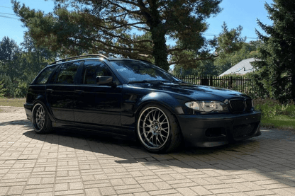 BMW E46 Touring Series 3 wide body kit by K2 Industries, featuring custom fenders and side skirts for 1997-2005 models.