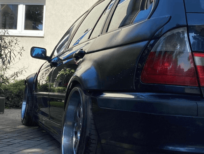 BMW E46 Touring Series 3 wide body kit by K2 Industries, featuring front and rear fender flares for a sporty look.
