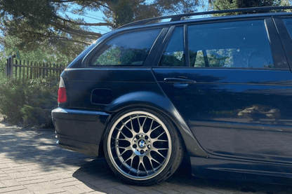BMW E46 Touring Series 3 wide body kit by K2 Industries, front and side view showing enhanced styling for 1997-2005.