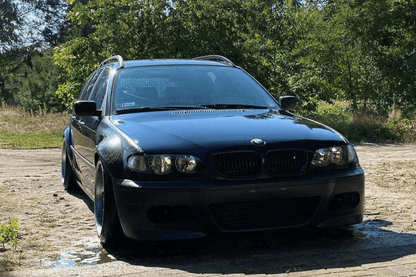 BMW E46 Touring Series 3 wide body kit by K2 Industries, showing front and side view of the custom body kit on the car.