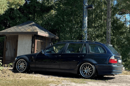 BMW E46 Touring Series 3 wide body kit by K2 Industries, showing front and side views of custom body modifications for 1997-2005.