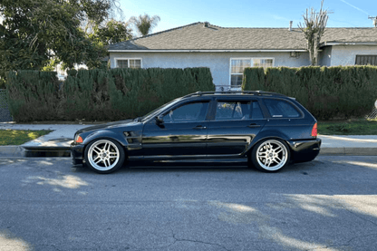 BMW E46 Touring Series 3 wide body kit by K2 Industries, featuring custom fenders and side skirts for 1997-2005 models.