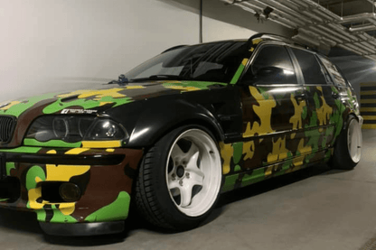 BMW E46 Touring Series 3 wide body kit by K2 Industries, showing front and side view of the custom wide-body kit for 1997-2005.
