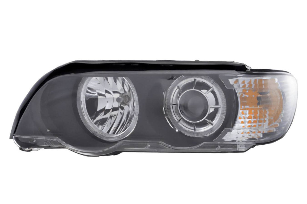 BMW E53 X5 black OE+ Angel Eye headlights by K2 Industries, for 2000-2003 model, showing the headlights with angel eye rings.