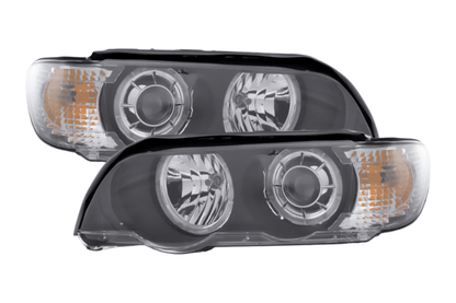BMW E53 X5 black OE+ Angel Eye headlights from K2 Industries, for 2000-2003 model year, showing the headlights with angel eye rings.