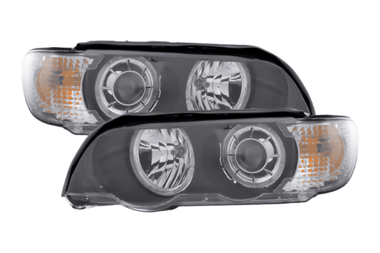 BMW E53 X5 black OE+ Angel Eye headlights from K2 Industries, for 2000-2003 model year, showing the headlights with angel eye rings.