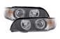 BMW E53 X5 black OE+ Angel Eye headlights from K2 Industries, for 2000-2003 model year, showing the headlights with angel eye rings.