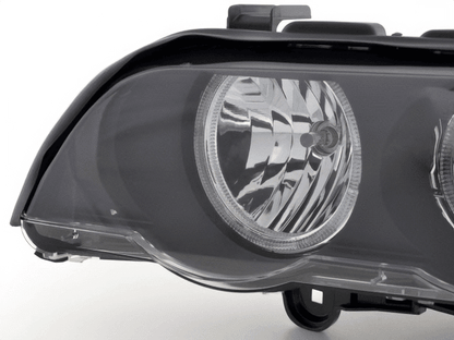 BMW E53 X5 black OE+ Angel Eye headlights by K2 Industries for 2000-2003 model, showing close-up of headlight assemblies.