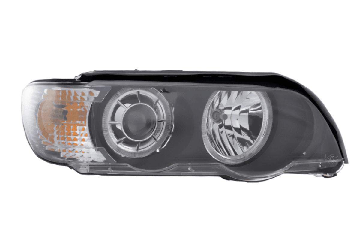 BMW E53 X5 black OE angel eye headlights by K2 Industries for 2000-2003 model, showing front view with clear lenses and angel eye rings.