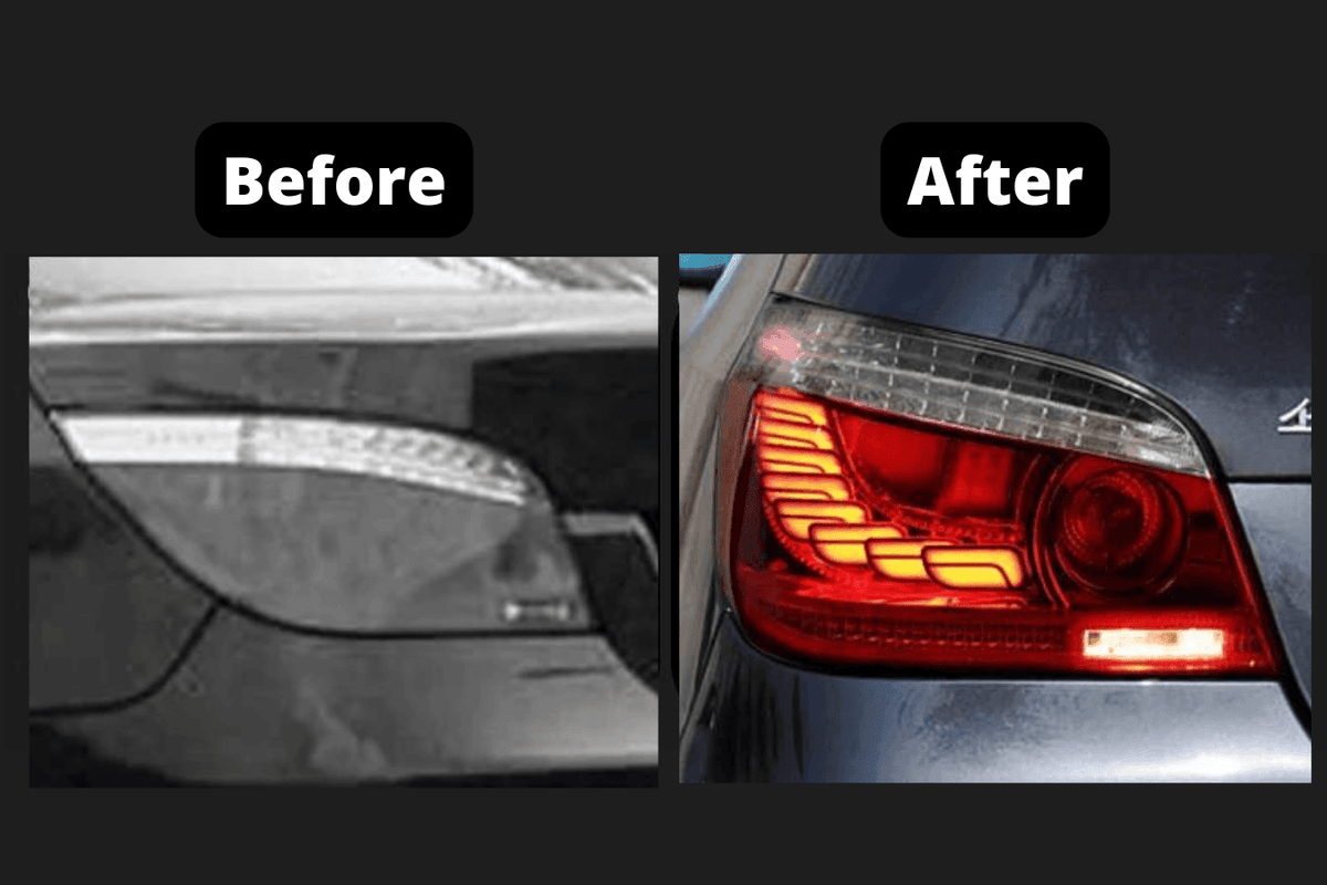 BMW E60 5 Series GTS Style LED tail lights by K2 Industries, showing sleek red and clear lens design for 2004-2010 models.