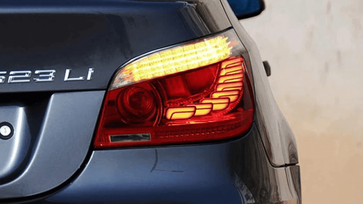 BMW E60 5 Series GTS Style LED tail lights by K2 Industries, aftermarket car lighting for 2004-2010 models, close-up view.
