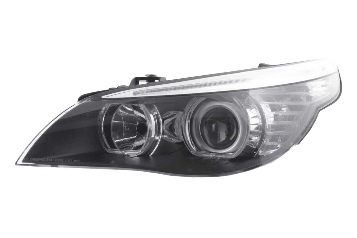 BMW E60 E61 5-Series LED headlights with OE+ Angel Eyes by K2 Industries, showing the sleek headlight assembly with bright LED rings.