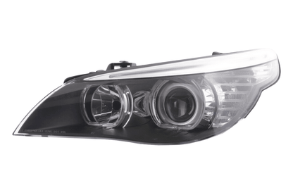BMW E60 E61 5-Series LED headlights with OE+ Angel Eyes by K2 Industries, showing the sleek headlight assembly with bright LED rings.