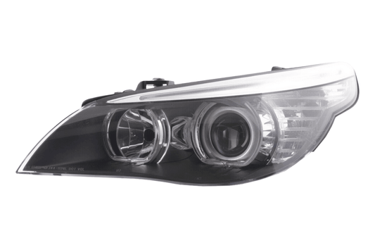 BMW E60 E61 5-Series LED headlights with OE+ Angel Eyes by K2 Industries, showing the sleek headlight assembly with bright LED rings.