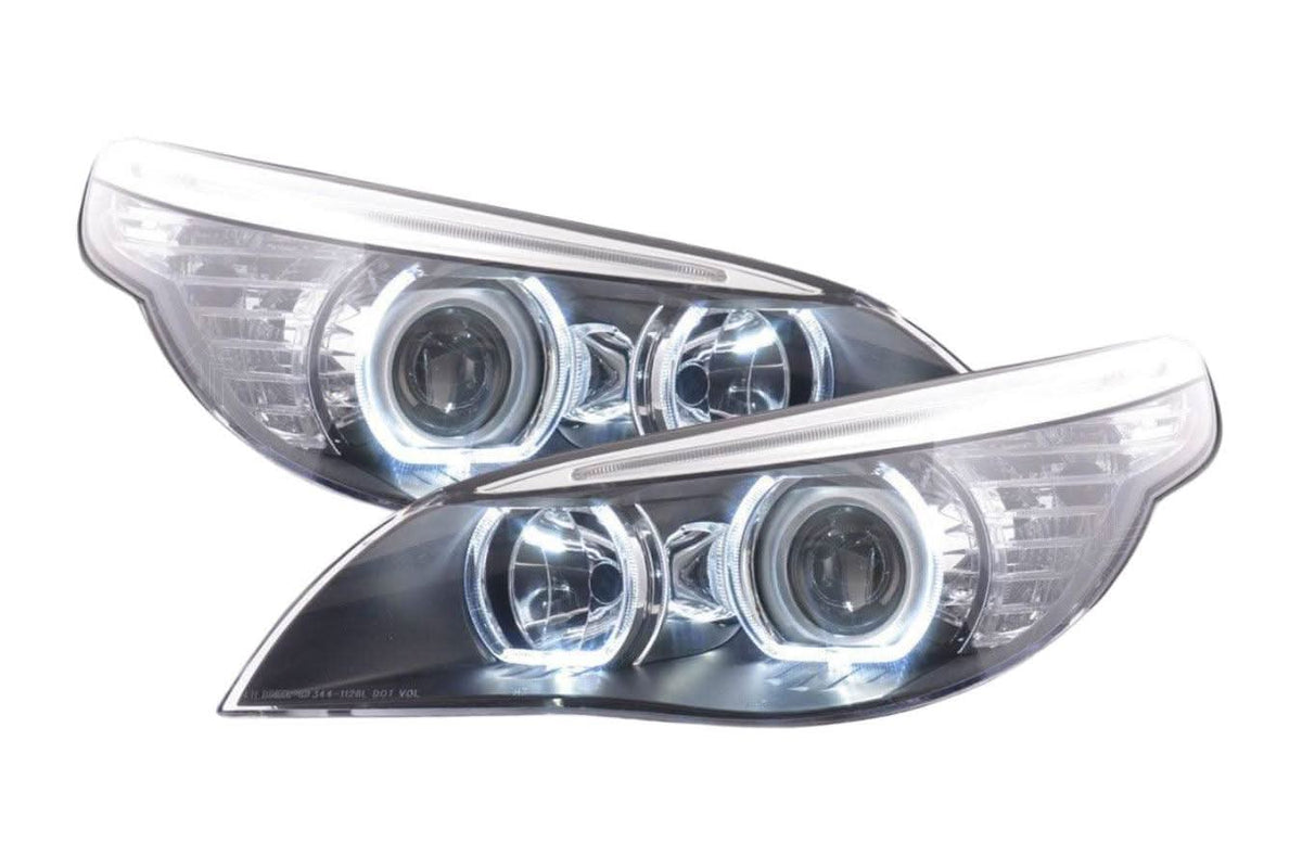 BMW E60 E61 5-Series LED Headlights with OE+ Angel Eyes from K2 Industries, designed for 2003-2006 models.