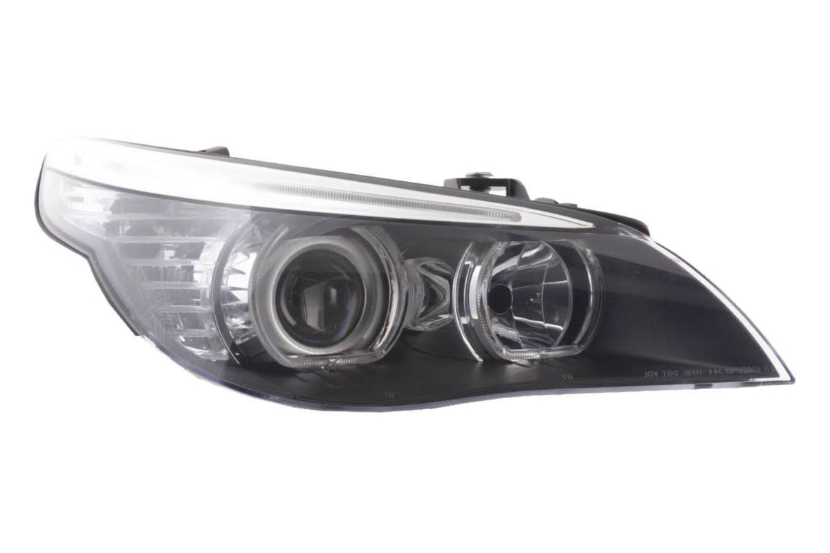 BMW E60 E61 5-Series LED Headlights with OE+ Angel Eyes by K2 Industries, showcasing sleek automotive lighting for 2003-2006 models.