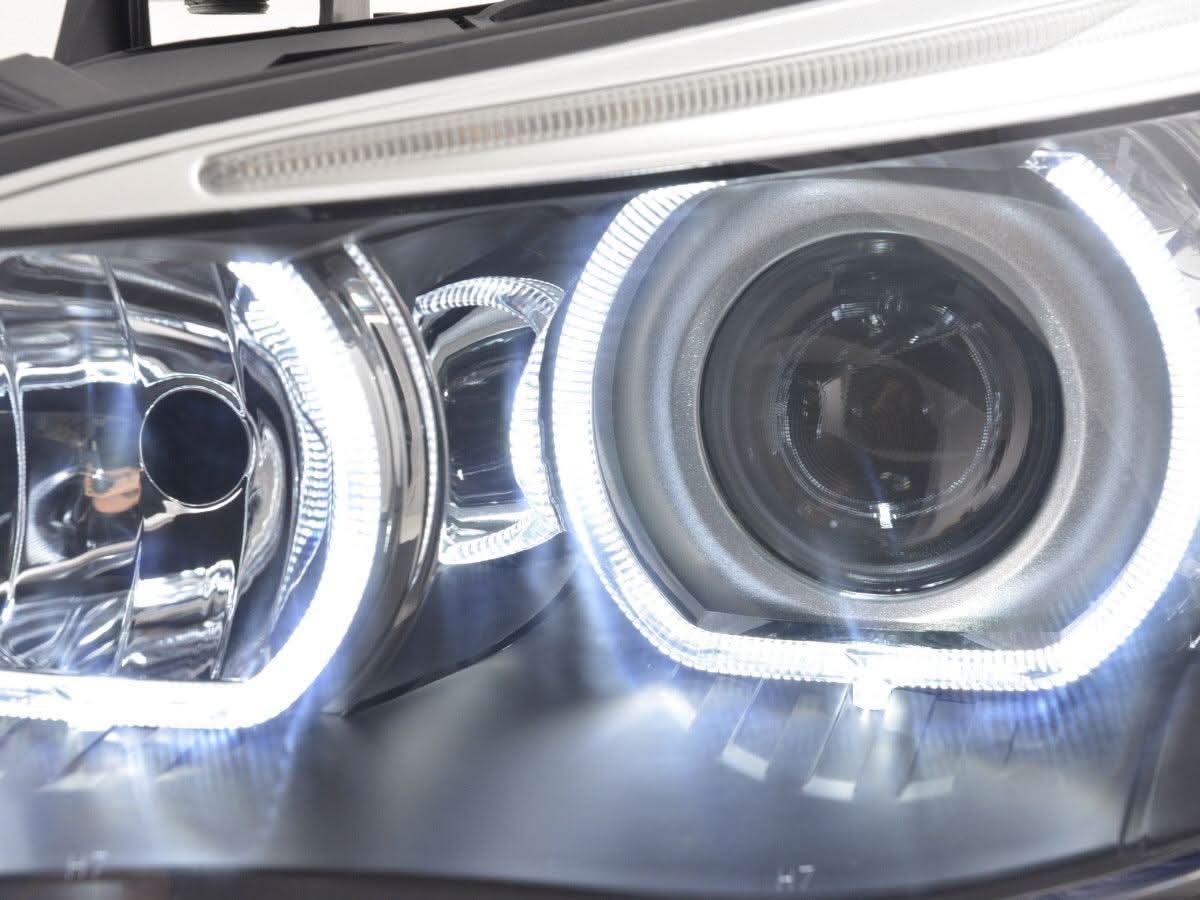 BMW E60 E61 5-Series LED Headlights with OE+ Angel Eyes by K2 Industries, showcasing the sleek design and bright illumination.