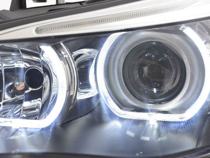 BMW E60 E61 5-Series LED Headlights with OE+ Angel Eyes by K2 Industries, showcasing the sleek design and bright illumination.