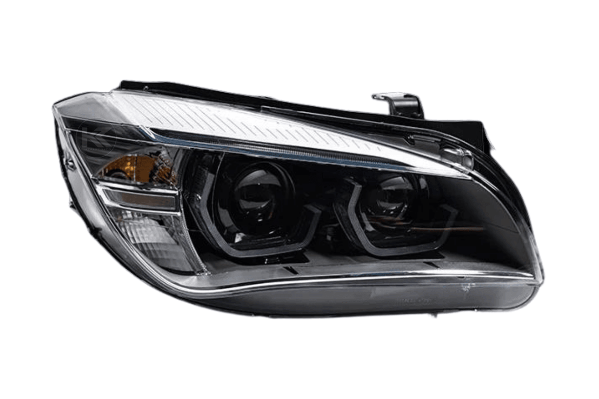 BMW E84 X1 headlights with modern angel eye HID and bi-xenon bulbs, featuring sleek design from K2 Industries for 2010-2015 models.