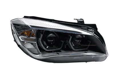 BMW E84 X1 headlights with modern angel eye HID and bi-xenon bulbs, featuring sleek design from K2 Industries for 2010-2015 models.