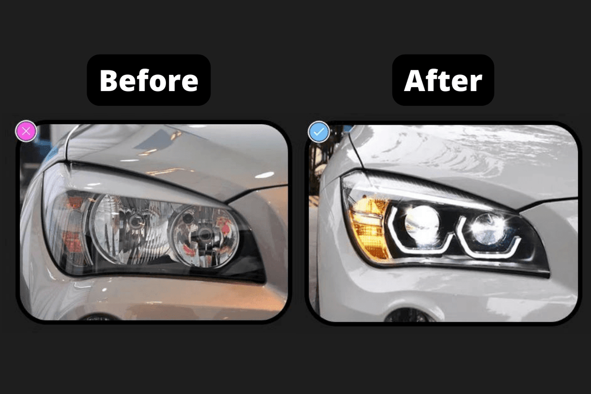BMW E84 X1 modern style angel eye HID bi-xenon headlights by K2 Industries, for models from 2010 to 2015, with sleek design and bright illumination.