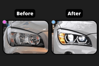 BMW E84 X1 modern style angel eye HID bi-xenon headlights by K2 Industries, for models from 2010 to 2015, with sleek design and bright illumination.