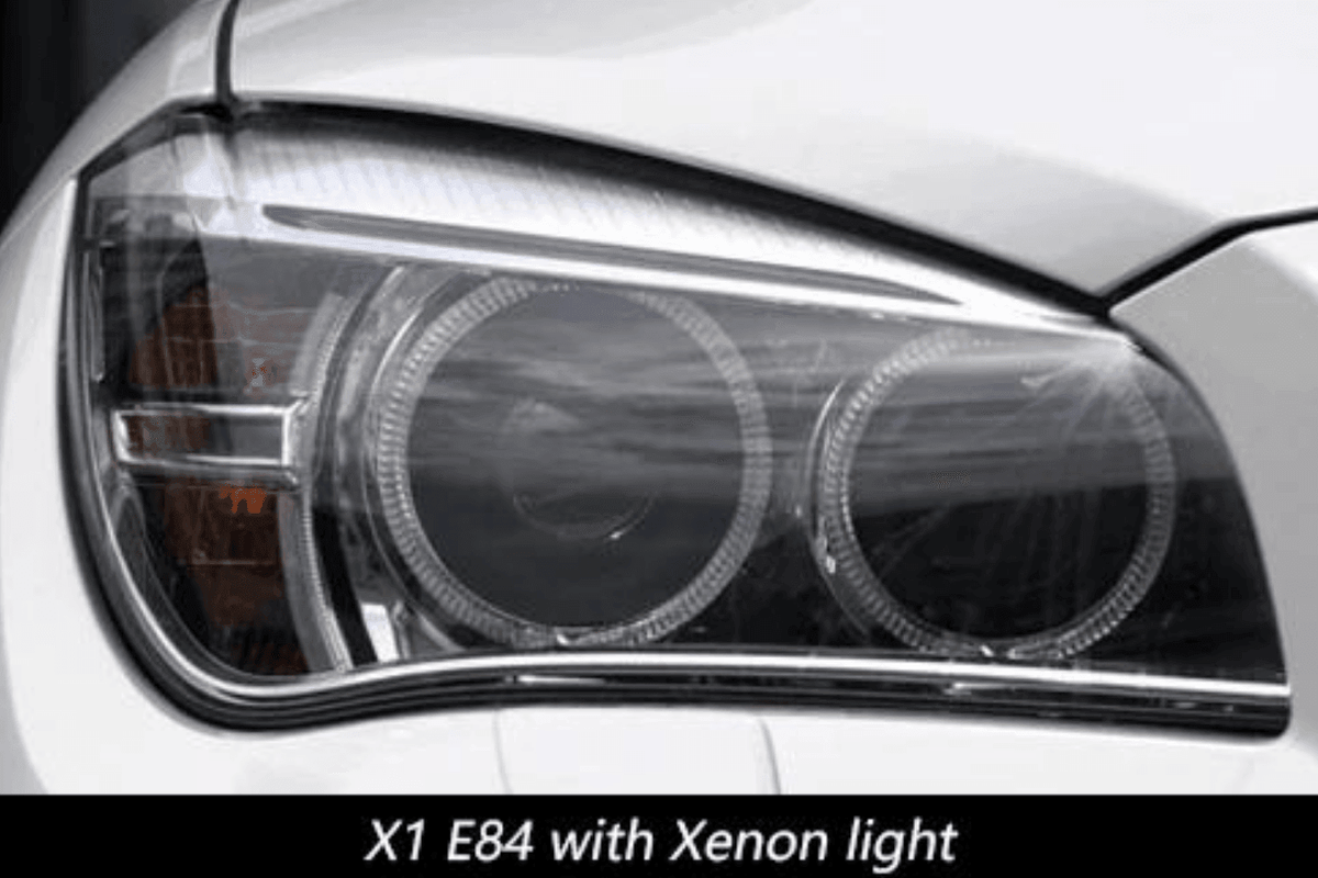 BMW E84 X1 headlights with modern angel eye design, HID Bi-Xenon bulbs, installed on 2010-2015 model by K2 Industries.