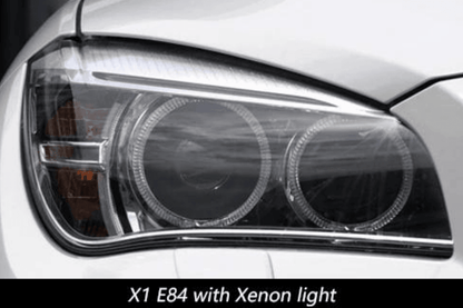 BMW E84 X1 headlights with modern angel eye design, HID Bi-Xenon bulbs, installed on 2010-2015 model by K2 Industries.