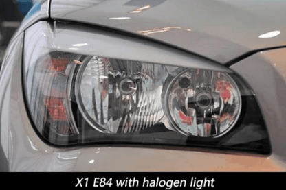 BMW E84 X1 headlights with modern angel eye HID Bi-Xenon bulbs, featuring sleek design and bright illumination from K2 Industries.