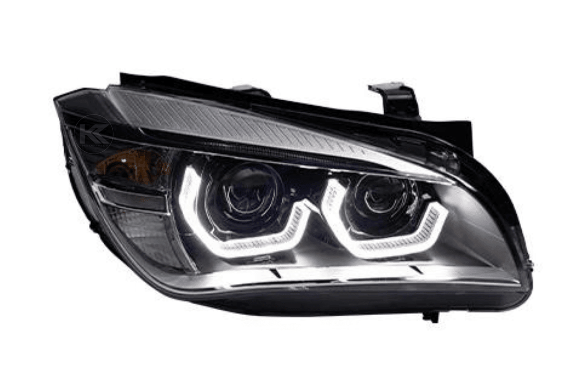 BMW E84 X1 headlights with modern angel eye design and HID Bi-Xenon bulbs by K2 Industries, for 2010-2015 models.