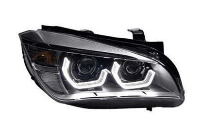 BMW E84 X1 headlights with modern angel eye design and HID Bi-Xenon bulbs by K2 Industries, for 2010-2015 models.