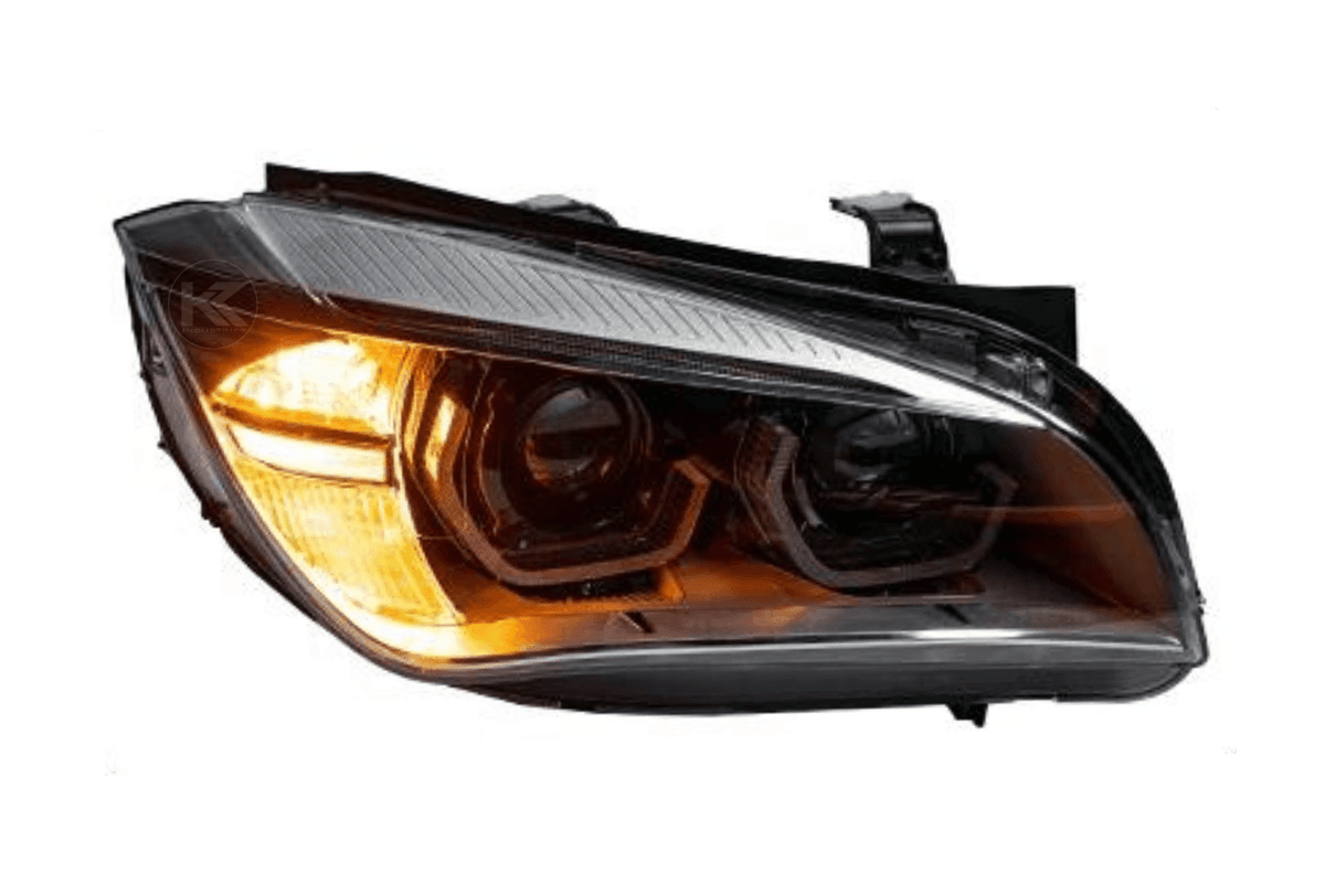 BMW E84 X1 headlights with modern angel eye design, HID Bi-Xenon bulbs, installed on 2010-2015 model by K2 Industries