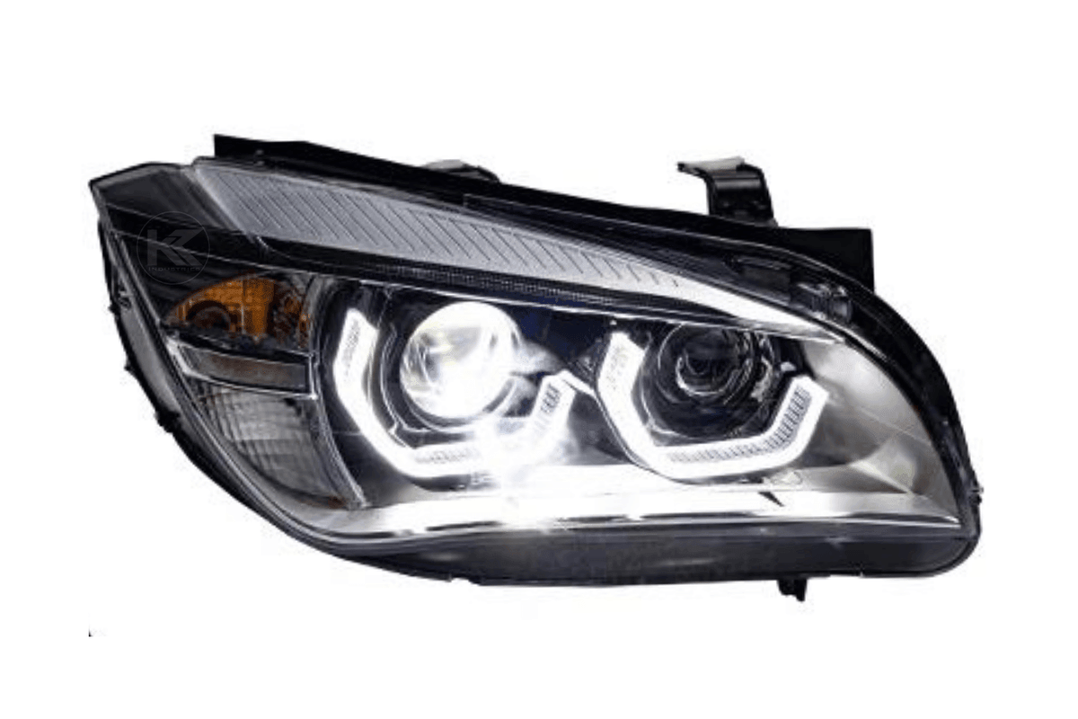 BMW E84 X1 headlights with modern angel eye design, HID Bi-Xenon bulbs, from K2 Industries for 2010-2015 models.