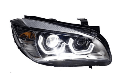 BMW E84 X1 headlights with modern angel eye design, HID Bi-Xenon bulbs, from K2 Industries for 2010-2015 models.