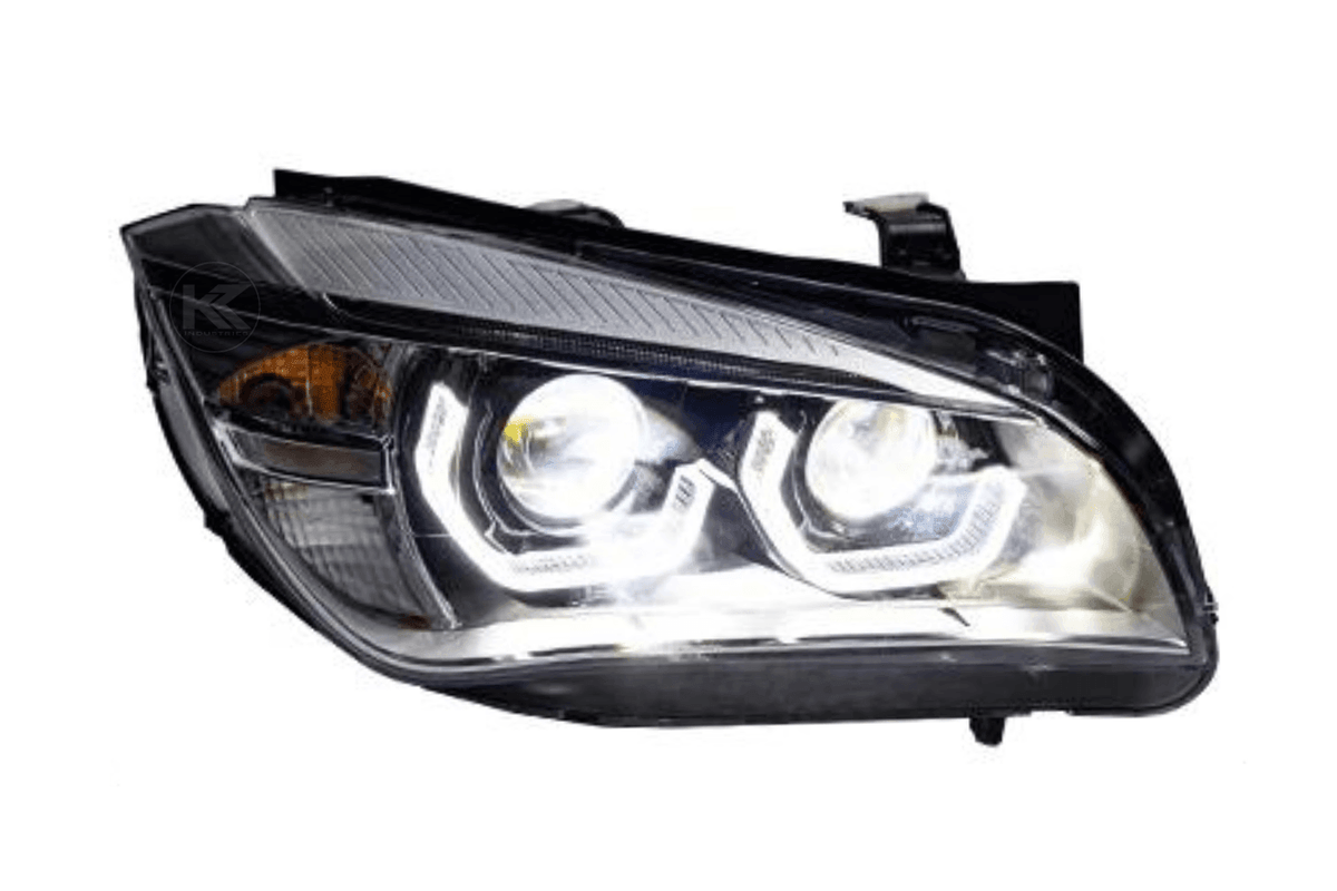 BMW E84 X1 headlights with modern angel eye design, HID Bi-Xenon bulbs, for 2010-2015, by K2 Industries.