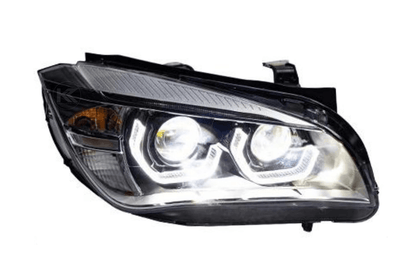 BMW E84 X1 headlights with modern angel eye design, HID Bi-Xenon bulbs, for 2010-2015, by K2 Industries.