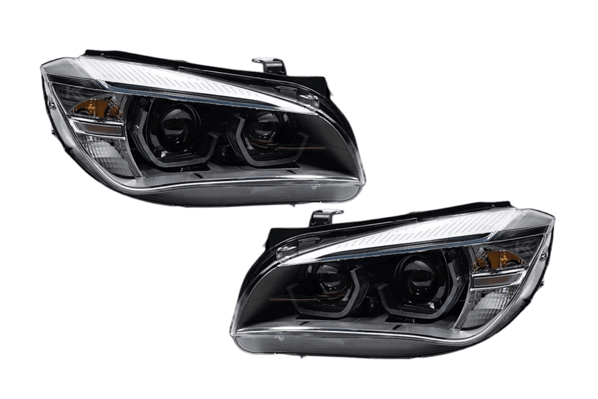 BMW E84 X1 headlights with modern angel eye design, HID Bi-Xenon bulbs, produced by K2 Industries, for 2010-2015 models.